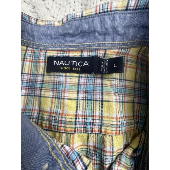 Nautica Men's Short Sleeve Button Up Shirt Yellow Multicolor Plaid Size L - Picture 3 of 10